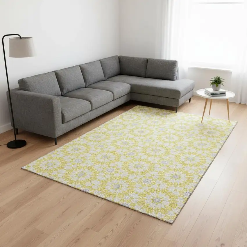 Yellow Ivory And Gray Geometric Washable Area Rug With UV Protection Photo 2