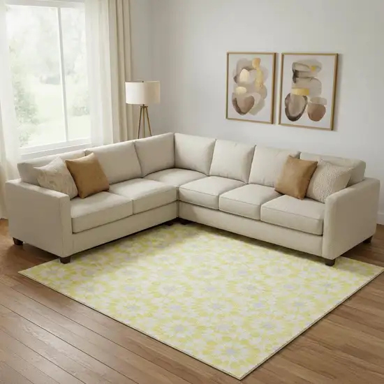 Yellow Ivory And Gray Geometric Washable Area Rug With UV Protection Photo 1