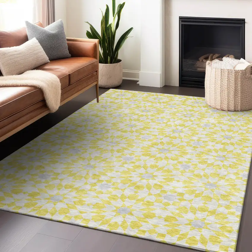 Yellow Ivory And Gray Geometric Washable Area Rug With UV Protection Photo 5
