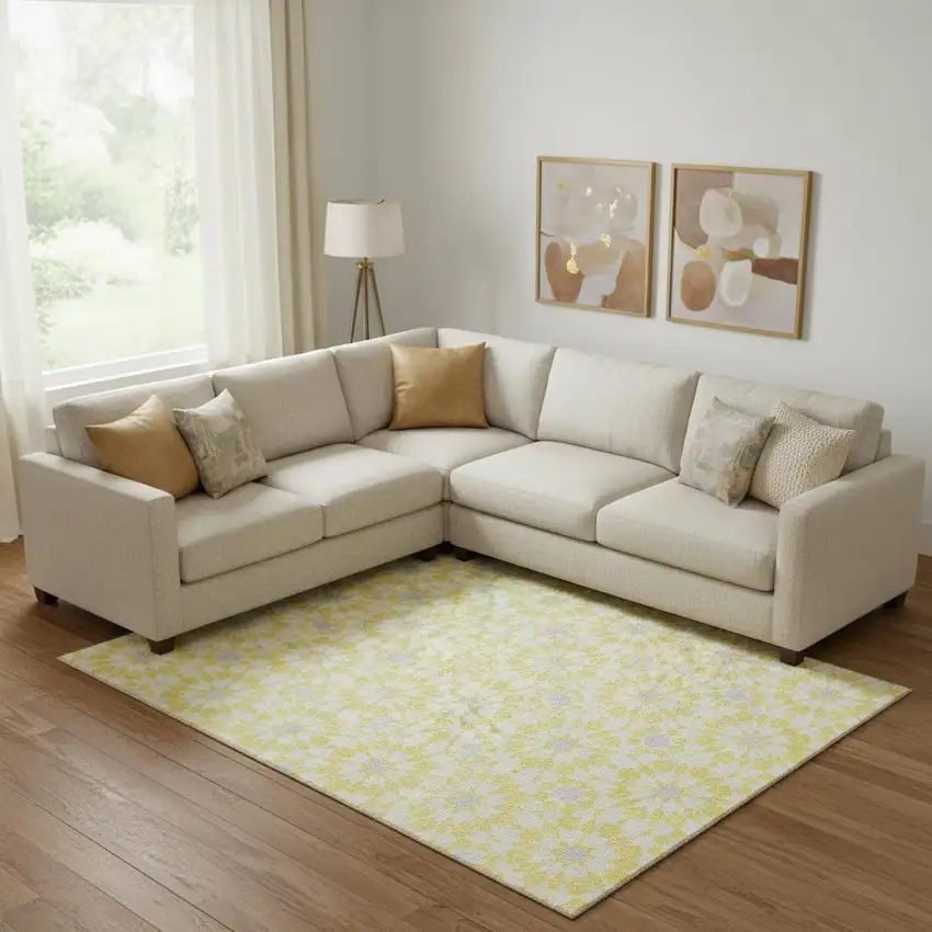 Yellow Ivory And Gray Geometric Washable Area Rug With UV Protection Photo 1