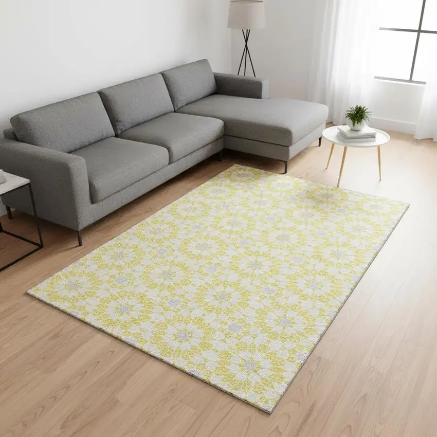 Yellow Ivory And Gray Geometric Washable Area Rug With UV Protection Photo 2