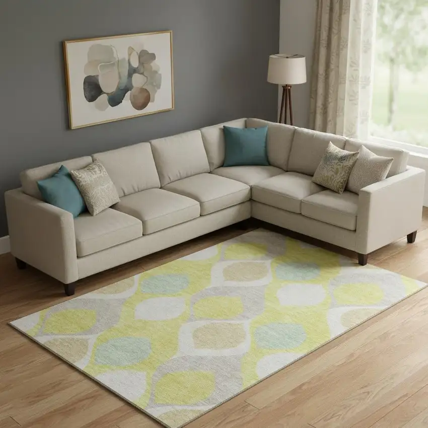 Yellow Ivory And Gray Ogee Washable Area Rug With UV Protection Photo 1
