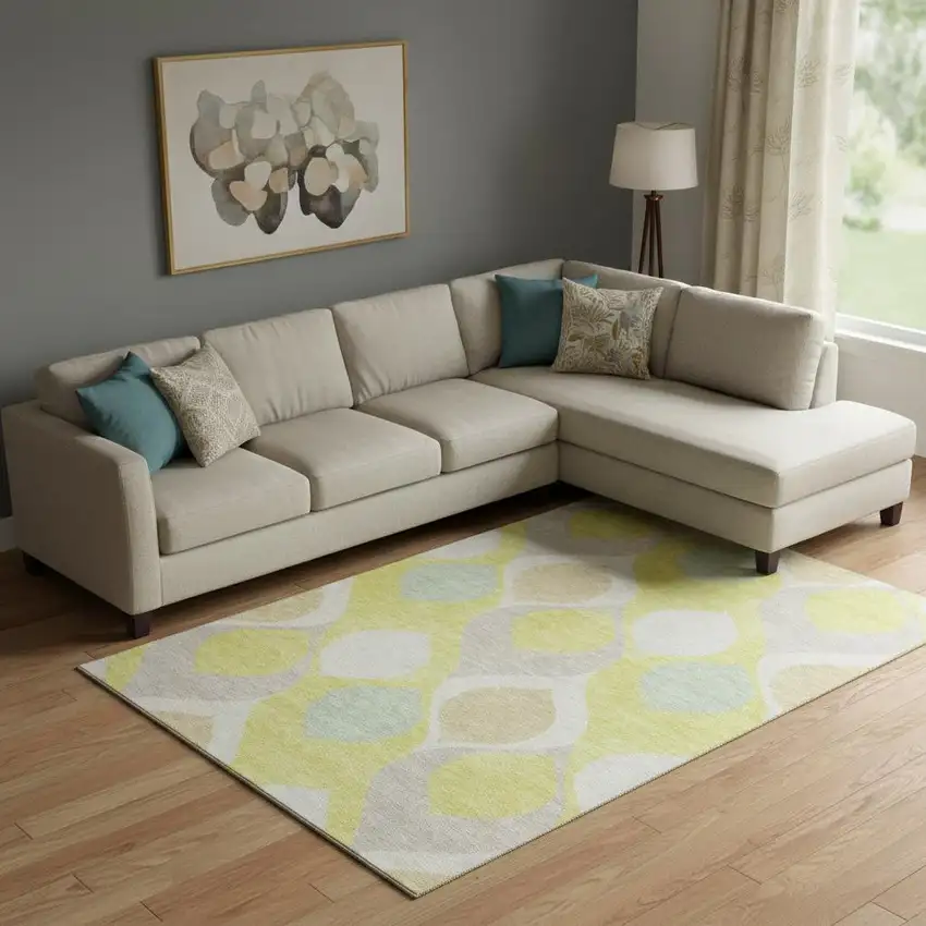 Yellow Ivory And Gray Ogee Washable Area Rug With UV Protection Photo 1