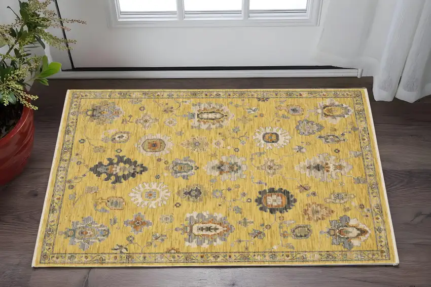 Yellow Ivory And Gray Oriental Area Rug With Fringe Photo 1