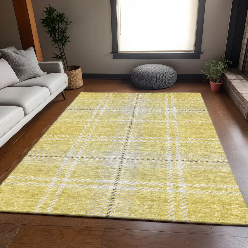 Yellow Ivory And Gray Plaid Washable Area Rug With UV Protection Photo 4