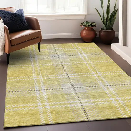 Yellow Ivory And Gray Plaid Washable Area Rug With UV Protection Photo 3