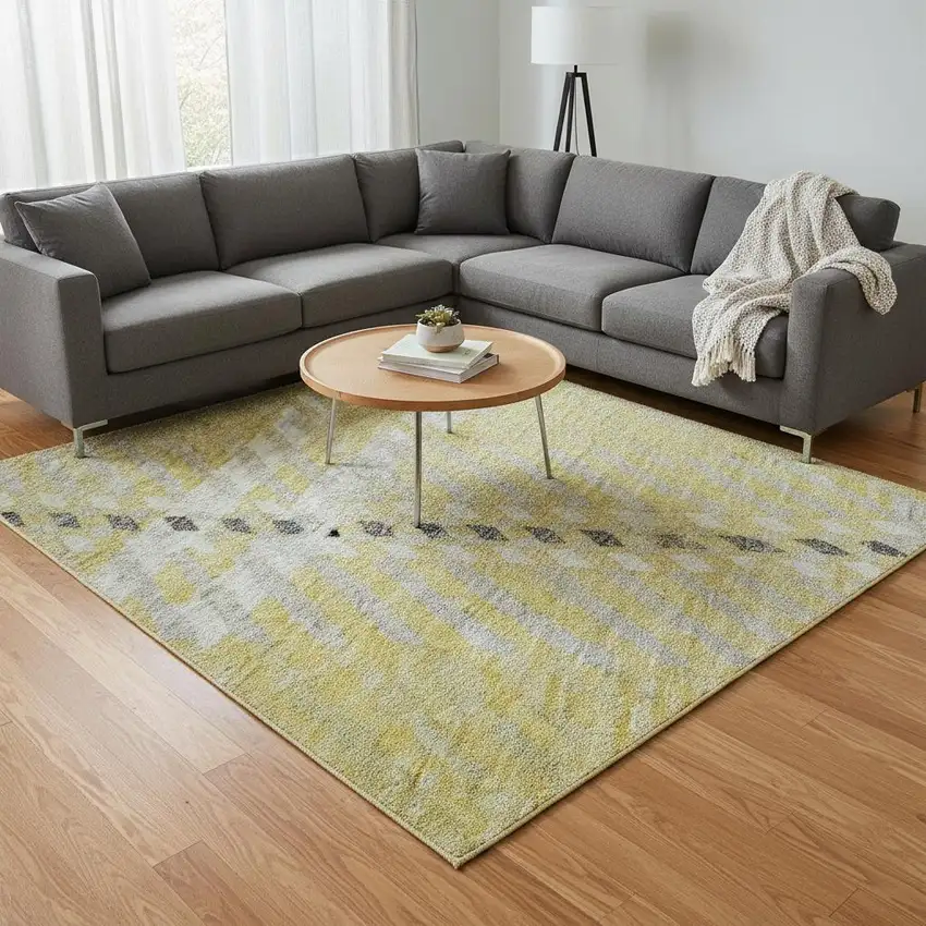 Yellow Ivory And Gray Plaid Washable Area Rug With UV Protection Photo 2