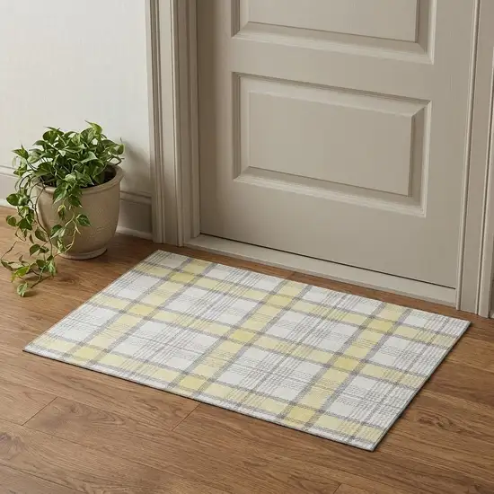Yellow Ivory And Gray Plaid Washable Area Rug With UV Protection Photo 1
