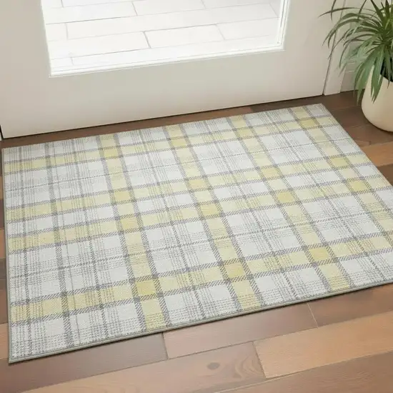 Yellow Ivory And Gray Plaid Washable Area Rug With UV Protection Photo 2