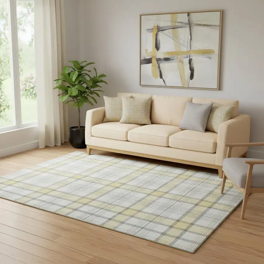 Yellow Ivory And Gray Plaid Washable Area Rug With UV Protection Photo 2