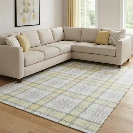Yellow Ivory And Gray Plaid Washable Area Rug With UV Protection Photo 2
