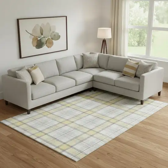 Yellow Ivory And Gray Plaid Washable Area Rug With UV Protection Photo 2