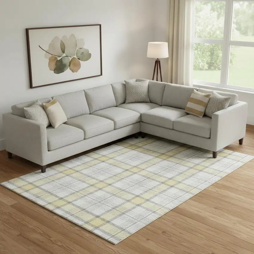 Yellow Ivory And Gray Plaid Washable Area Rug With UV Protection Photo 2