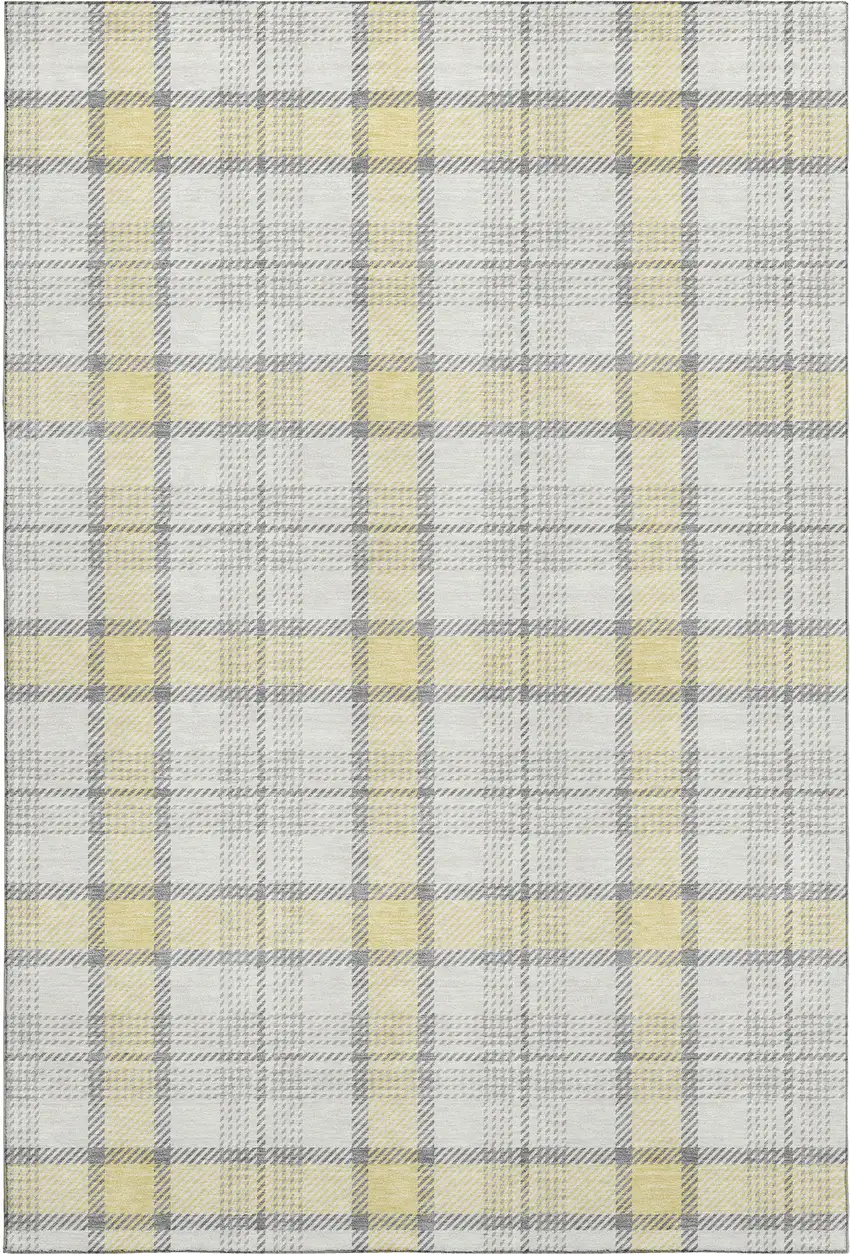 Yellow Ivory And Gray Plaid Washable Area Rug With UV Protection Photo 1