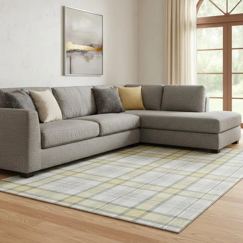 Yellow Ivory And Gray Plaid Washable Area Rug With UV Protection Photo 2