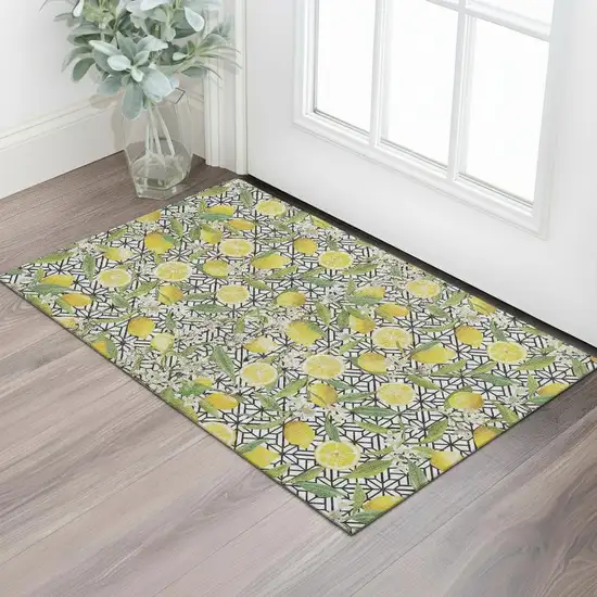 Yellow Ivory And Green Botanical Leaves Washable Area Rug With UV Protection Photo 1