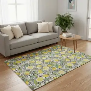 Photo of Yellow Ivory And Green Botanical Leaves Washable Area Rug With UV Protection