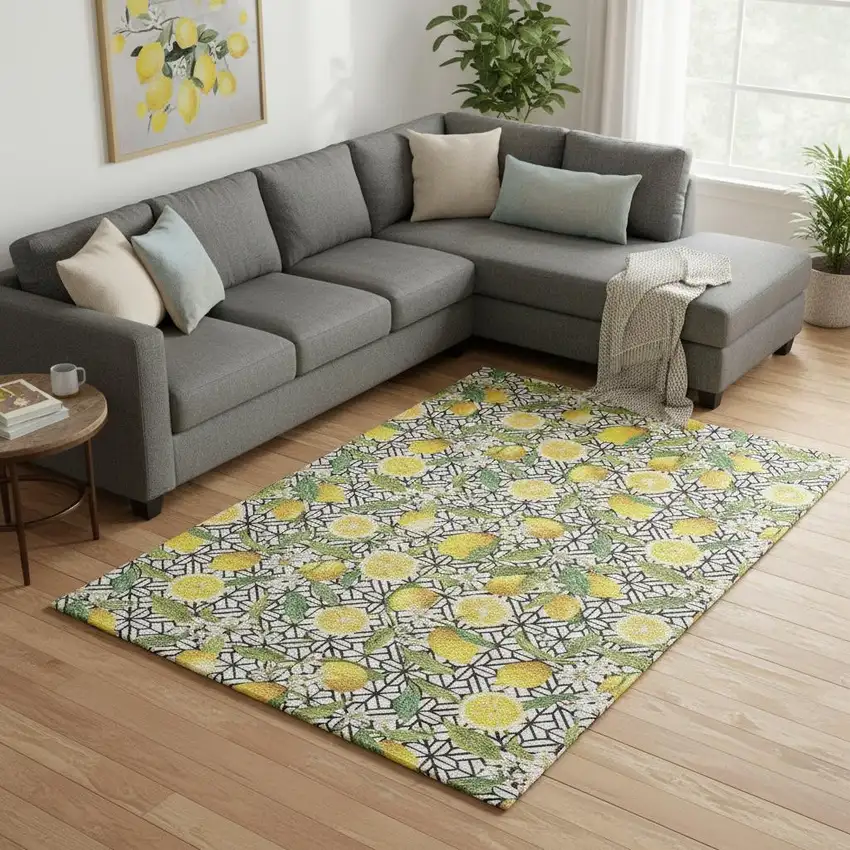 Yellow Ivory And Green Botanical Leaves Washable Area Rug With UV Protection Photo 1