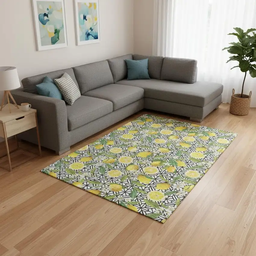 Yellow Ivory And Green Botanical Leaves Washable Area Rug With UV Protection Photo 1