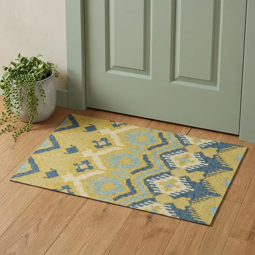 Yellow Ivory And Navy Blue Tribal Washable Area Rug With UV Protection Photo 1