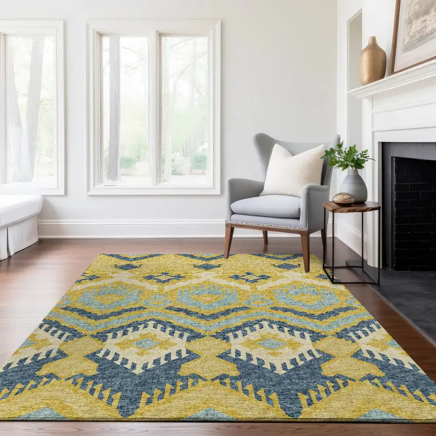 Yellow Ivory And Navy Blue Tribal Washable Area Rug With UV Protection Photo 5
