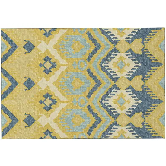 Yellow Ivory And Navy Blue Tribal Washable Area Rug With UV Protection Photo 2