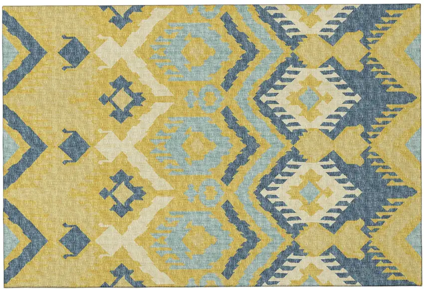 Yellow Ivory And Navy Blue Tribal Washable Area Rug With UV Protection Photo 2