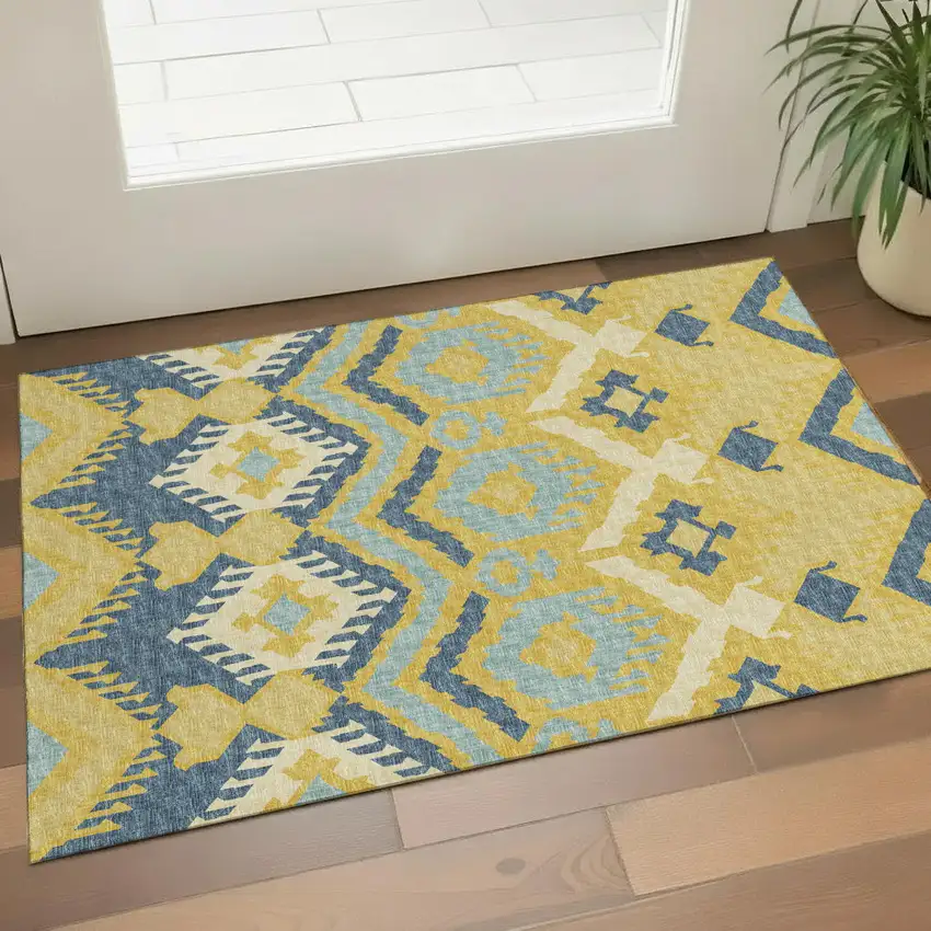 Yellow Ivory And Navy Blue Tribal Washable Area Rug With UV Protection Photo 1