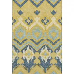 Photo of Yellow Ivory And Navy Blue Tribal Washable Area Rug With UV Protection