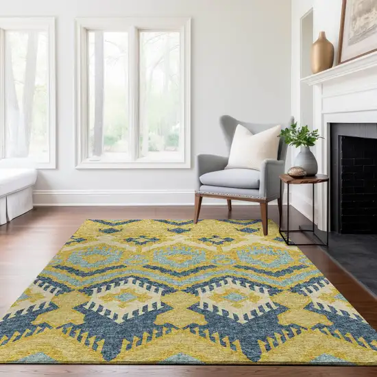 Yellow Ivory And Navy Blue Tribal Washable Area Rug With UV Protection Photo 5