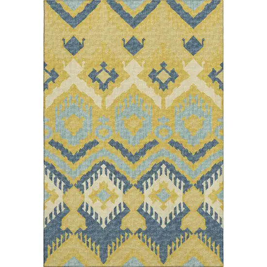 Yellow Ivory And Navy Blue Tribal Washable Area Rug With UV Protection Photo 2