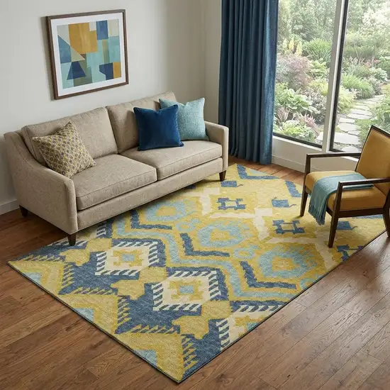 Yellow Ivory And Navy Blue Tribal Washable Area Rug With UV Protection Photo 1