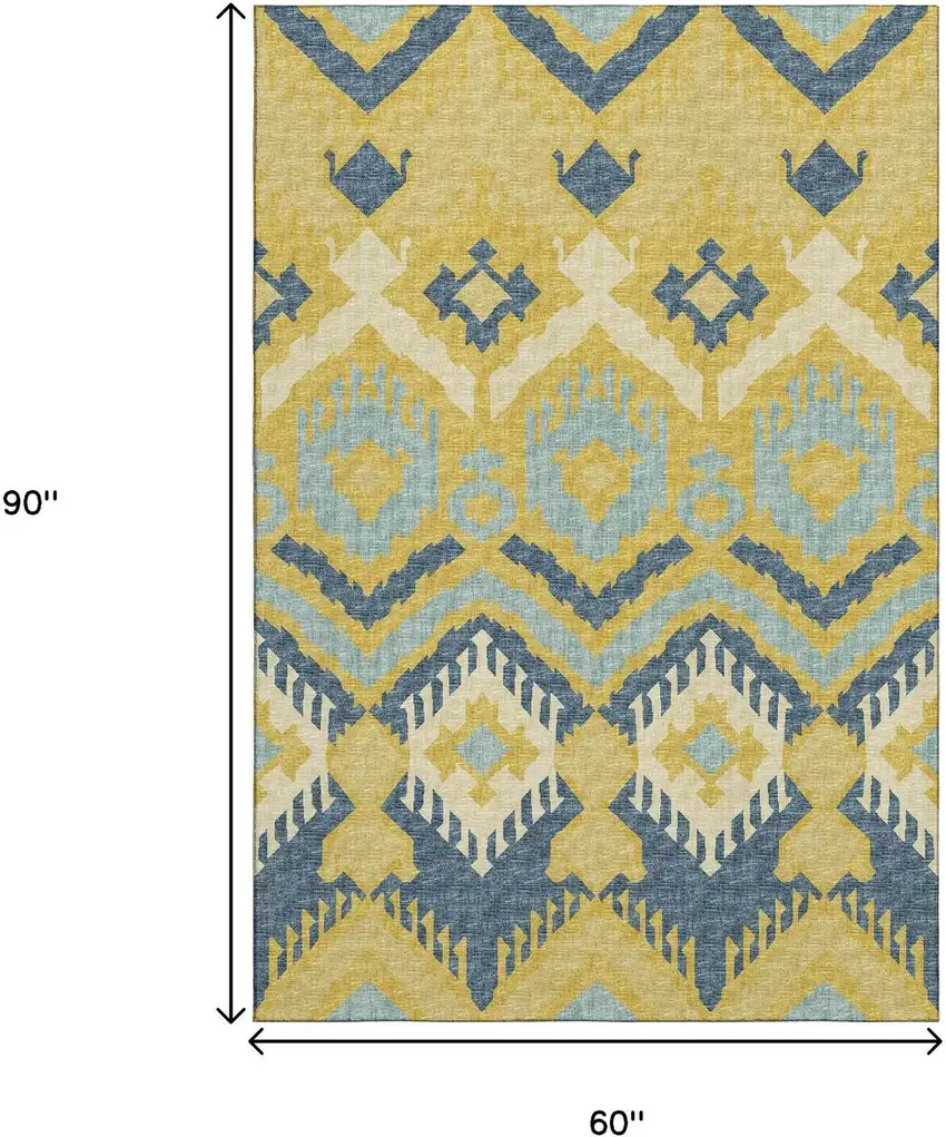 Yellow Ivory And Navy Blue Tribal Washable Area Rug With UV Protection Photo 3