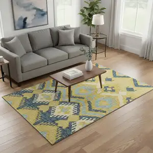 Photo of Yellow Ivory And Navy Blue Tribal Washable Area Rug With UV Protection