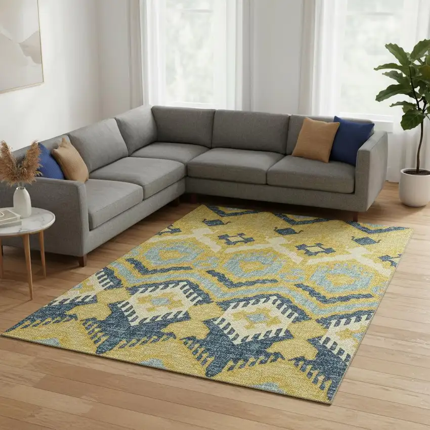 Yellow Ivory And Navy Blue Tribal Washable Area Rug With UV Protection Photo 1