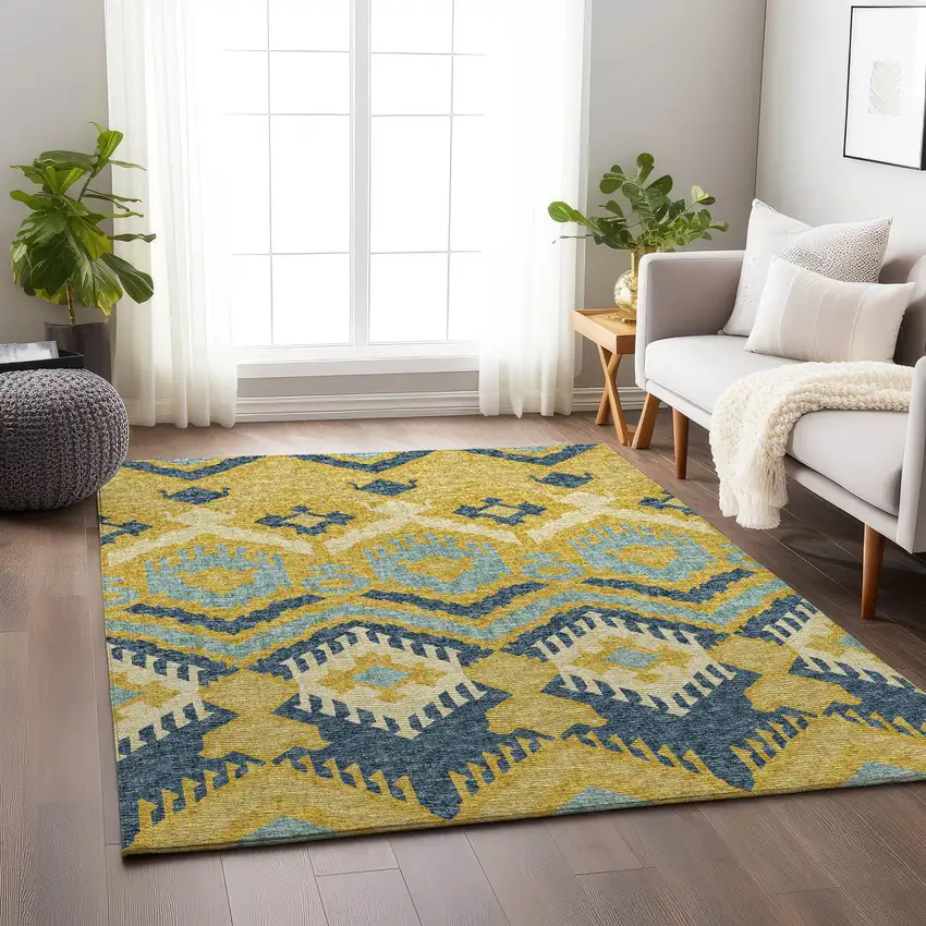 Yellow Ivory And Navy Blue Tribal Washable Area Rug With UV Protection Photo 4