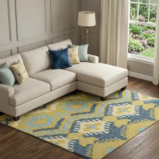 Yellow Ivory And Navy Blue Tribal Washable Area Rug With UV Protection Photo 1