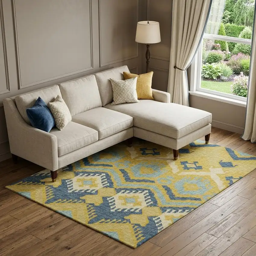 Yellow Ivory And Navy Blue Tribal Washable Area Rug With UV Protection Photo 1