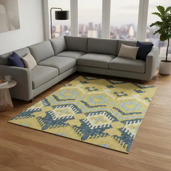 Yellow Ivory And Navy Blue Tribal Washable Area Rug With UV Protection Photo 1