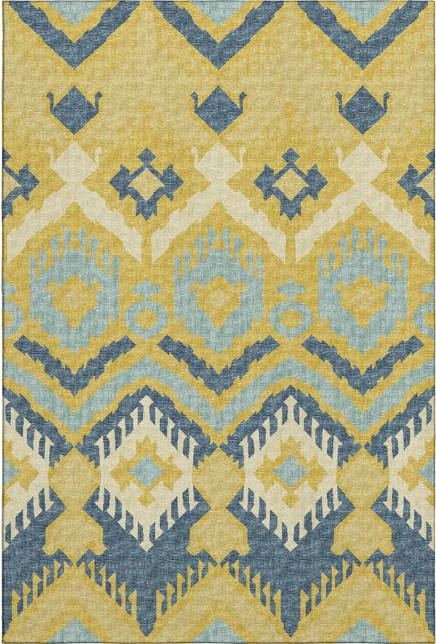 Yellow Ivory And Navy Blue Tribal Washable Area Rug With UV Protection Photo 2