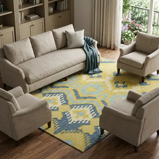 Yellow Ivory And Navy Blue Tribal Washable Area Rug With UV Protection Photo 1