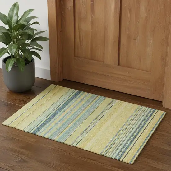 Yellow Ivory And Wheat Striped Washable Area Rug With UV Protection Photo 1