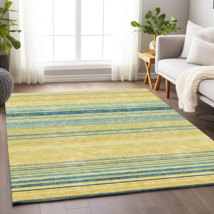 Yellow Ivory And Wheat Striped Washable Area Rug With UV Protection Photo 3