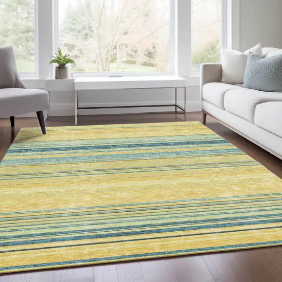 Yellow Ivory And Wheat Striped Washable Area Rug With UV Protection Photo 4