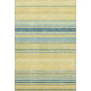 Photo of Yellow Ivory And Wheat Striped Washable Area Rug With UV Protection