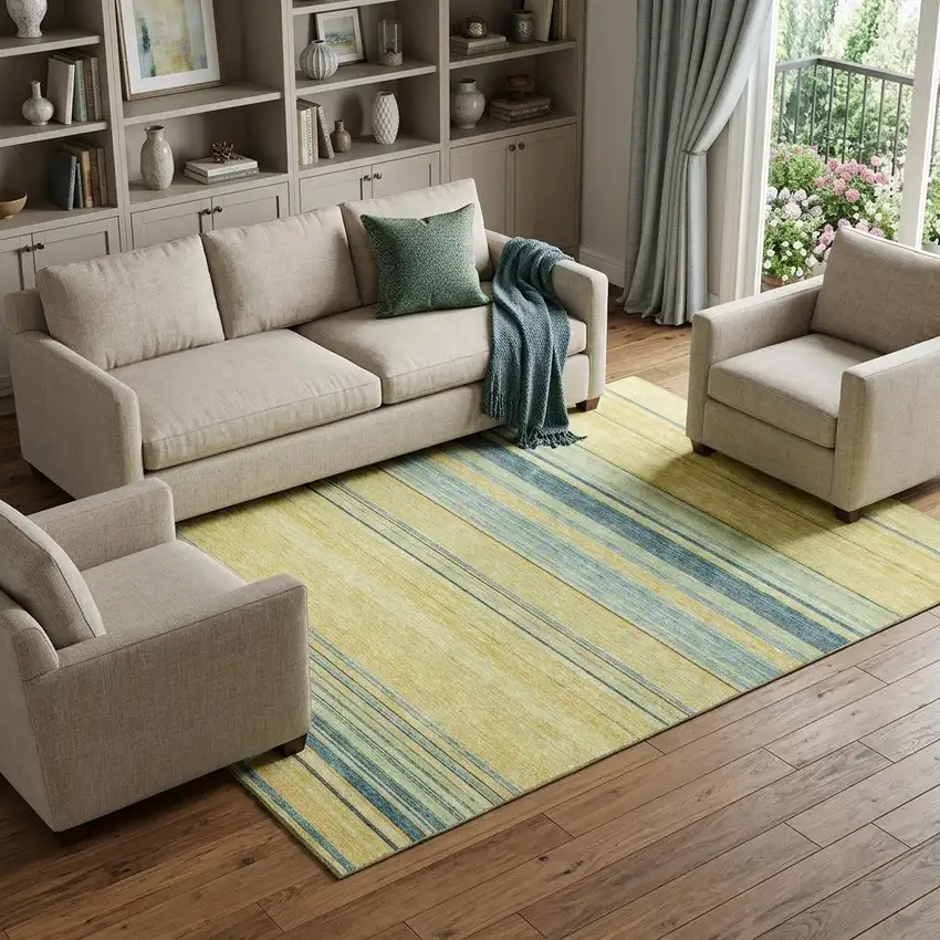 Yellow Ivory And Wheat Striped Washable Area Rug With UV Protection Photo 1