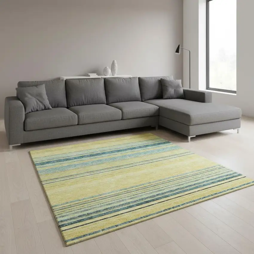 Yellow Ivory And Wheat Striped Washable Area Rug With UV Protection Photo 2