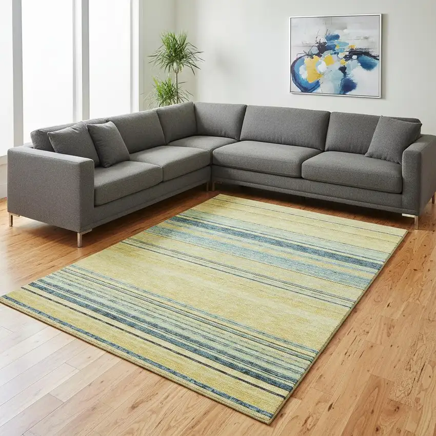 Yellow Ivory And Wheat Striped Washable Area Rug With UV Protection Photo 2