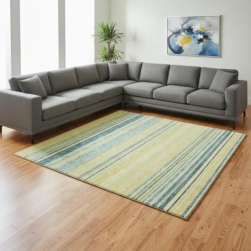 Yellow Ivory And Wheat Striped Washable Area Rug With UV Protection Photo 2