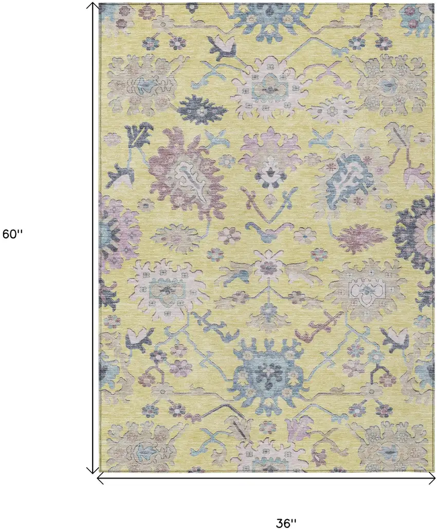 Yellow Lavender And Denim Blue Floral Washable Indoor Outdoor Area Rug Photo 7